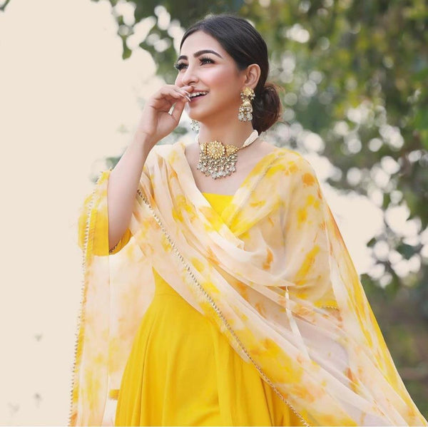 Slublime Yellow Color Georgette Plain Full Stitched Party Wear Gown Dupatta