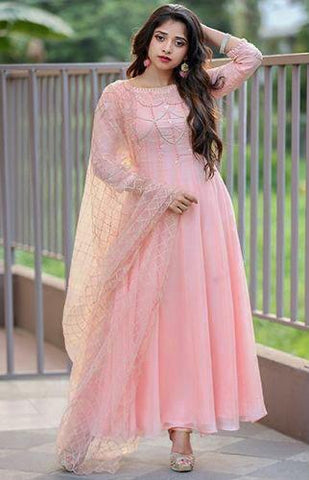 Remarkable Peach Color Full Stitched Chine Stitched Work Georgette Wedding Wear Gown Dupatta