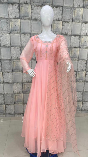 Remarkable Peach Color Full Stitched Chine Stitched Work Georgette Wedding Wear Gown Dupatta