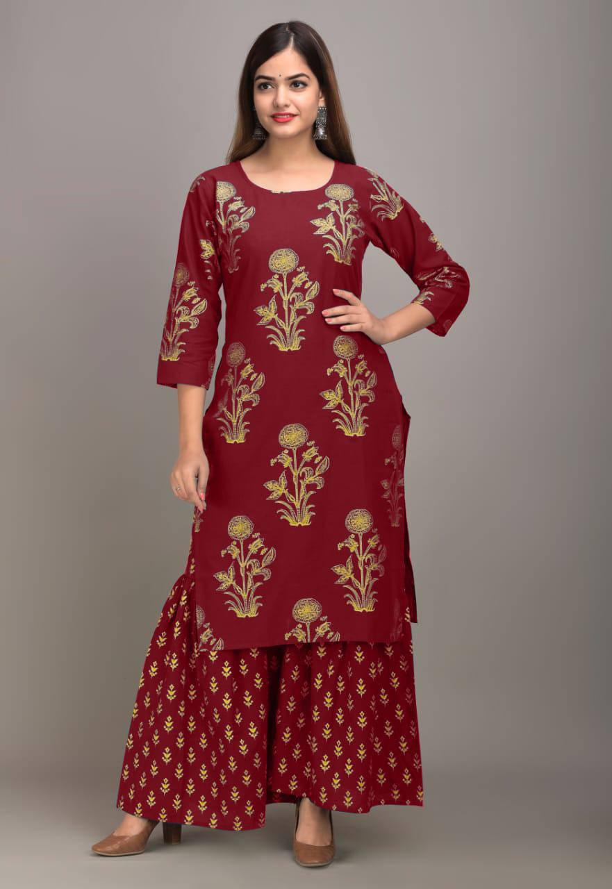 Function Wear Red Color Ready Made Design Rayon Golden Printed Plazo Kurti