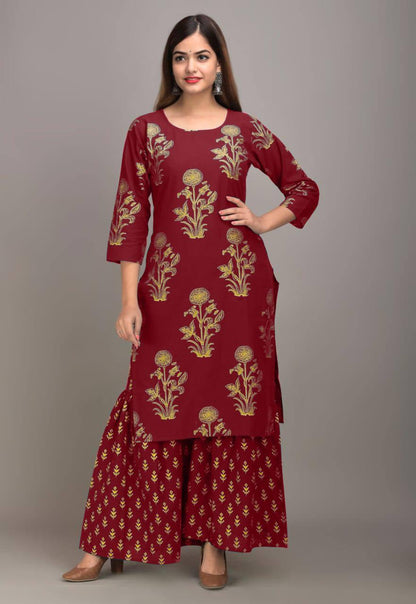 Function Wear Red Color Ready Made Design Rayon Golden Printed Plazo Kurti