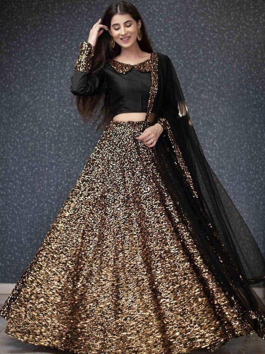 Stunning Golden Color Designer Sequence Work Beautiful Velvet Lehenga Choli For Function Wear