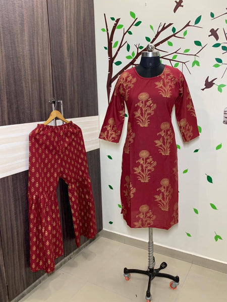 Function Wear Red Color Ready Made Design Rayon Golden Printed Plazo Kurti