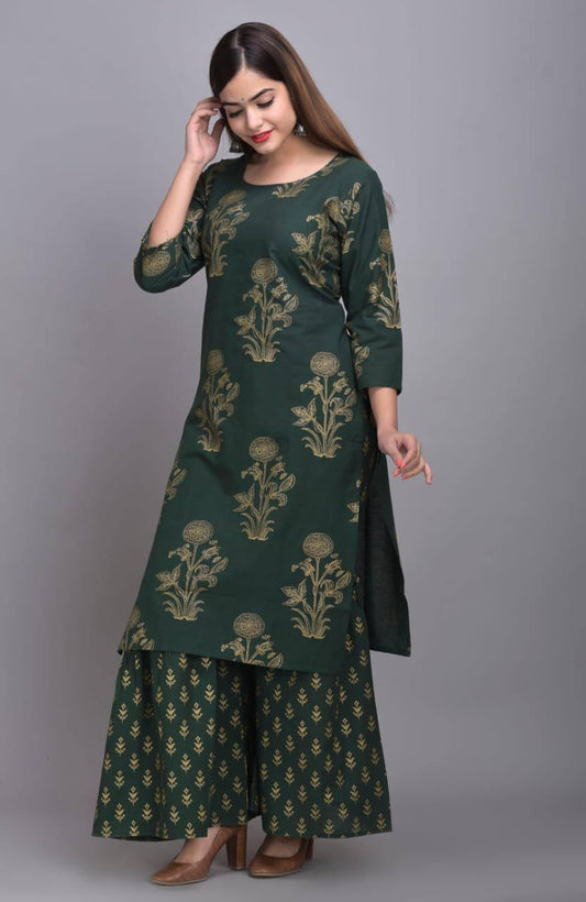Phenomenal Ready Made Dark Green Color Trendy Golden Printed Fancy Rayon Plazo Kurti For Ladies