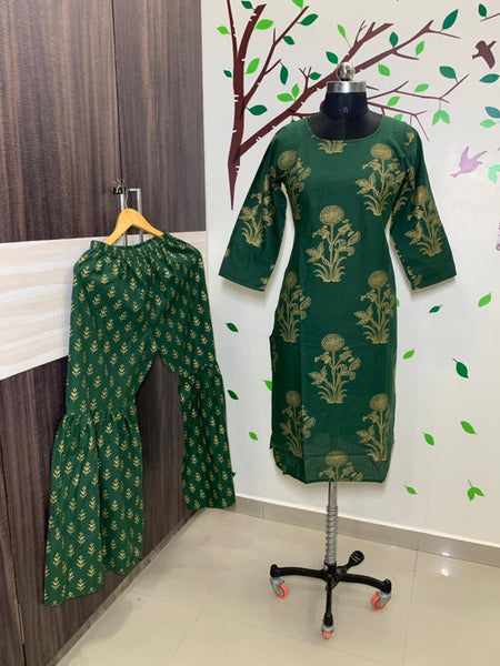 Phenomenal Ready Made Dark Green Color Trendy Golden Printed Fancy Rayon Plazo Kurti For Ladies