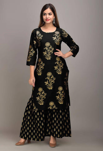 Bewildering Black Color Classic Printed Golden Design Full Stitched Rayon Plazo Kurti