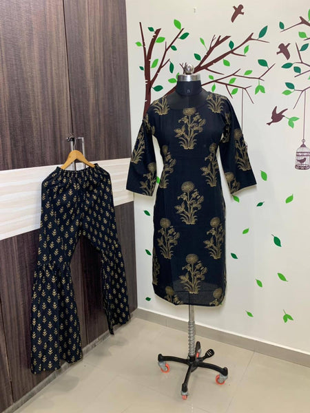 Bewildering Black Color Classic Printed Golden Design Full Stitched Rayon Plazo Kurti
