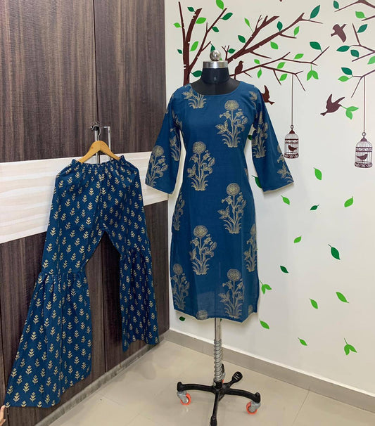Superlative Wear Blue Color Ready Made Rayon Stylish Golden Printed Plazo Kurti For Ladies
