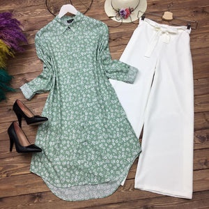 Fashionable Light Green Color Ready Made Printed Flex Cotton Designer Plazo Kurti For Ladies