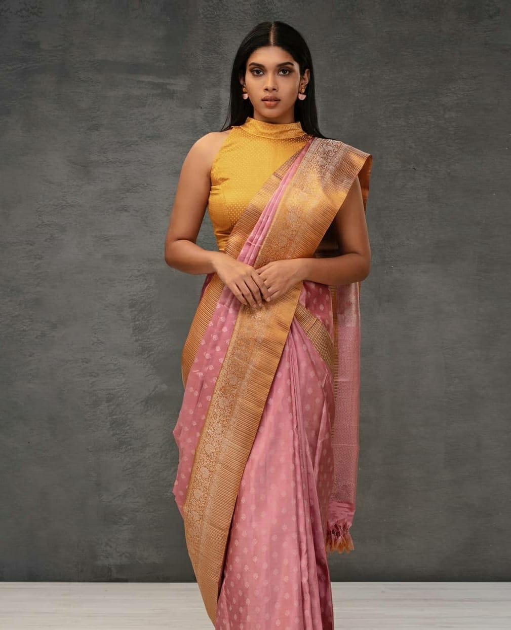 Charming Pink Color Wedding Wear Kanchipuram Silk Beautiful Printed Designer Saree Blouse for women