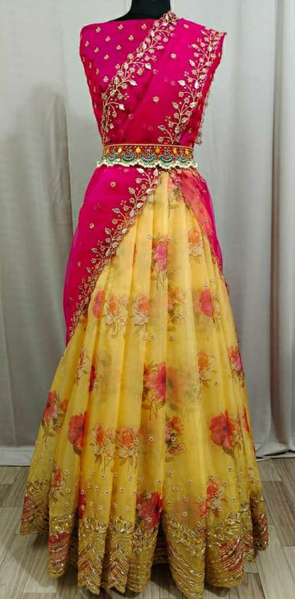 Stylish Yellow Color Festive Wear Organza Digital Printed Stone Embroidered Cut Work Lehenga Choli