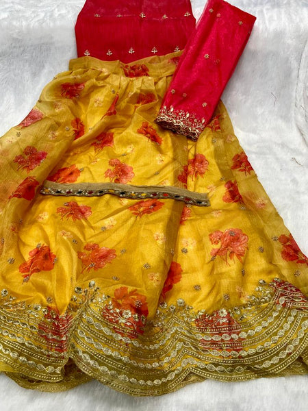 Stylish Yellow Color Festive Wear Organza Digital Printed Stone Embroidered Cut Work Lehenga Choli