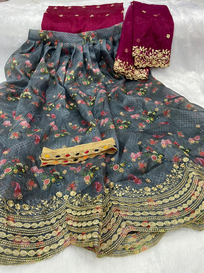 Starling Grey Color Function Wear Embroidered Stone Cut Work Organza Fancy Digital Printed Lehenga Choli