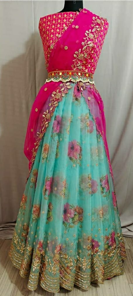 Blooming Sky Blue Color Designer Digital Printed Stone Embroidered Cut Work Organza Design Lehenga Choli For Ladies