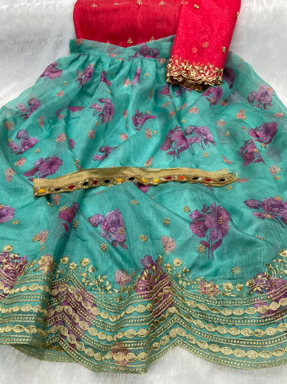 Blooming Sky Blue Color Designer Digital Printed Stone Embroidered Cut Work Organza Design Lehenga Choli For Ladies