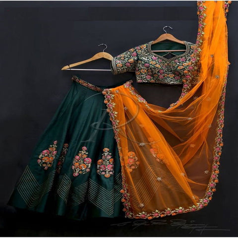 Dazzling Dark Green Color Designer Banglori Silk Embroidered Fancy Work Lehenga Choli For Wedding Wear
