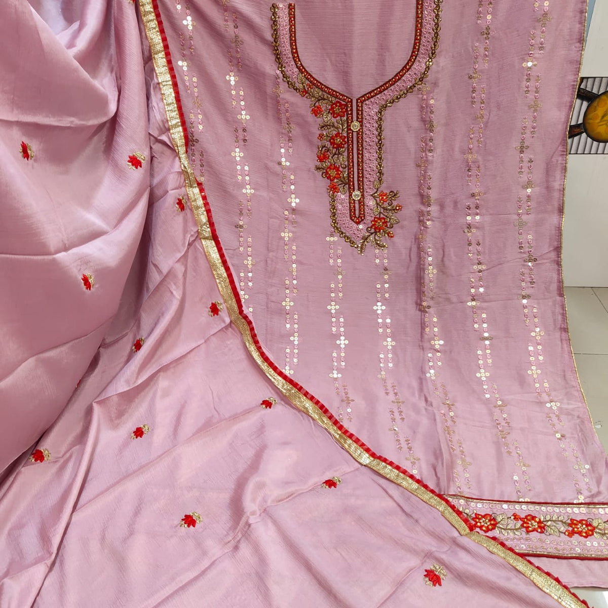 Gleaming Baby Pink Color Designer Machine Diamond All Over Neck Embroidered Work Daman Lace Cinnon Salwar Suit For Party Wear