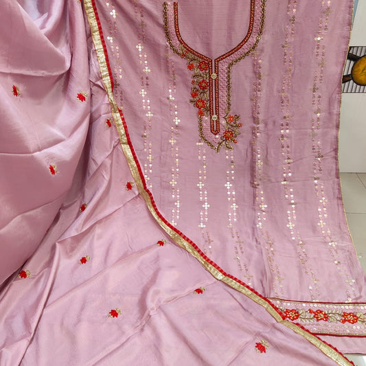 Gleaming Baby Pink Color Designer Machine Diamond All Over Neck Embroidered Work Daman Lace Cinnon Salwar Suit For Party Wear