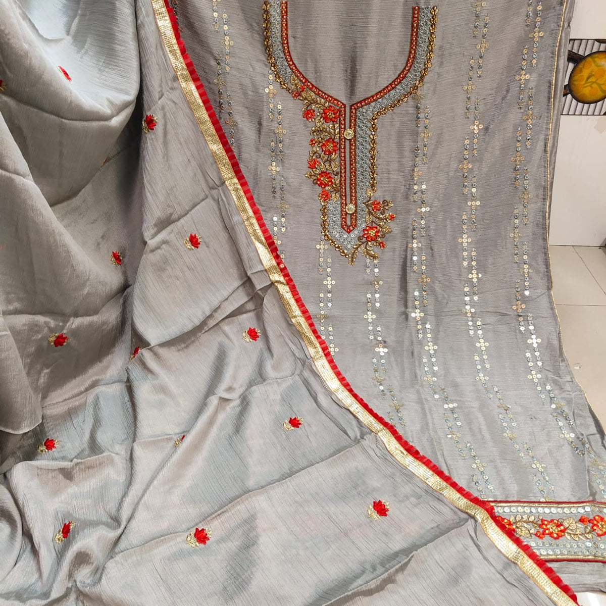 Exceptional Grey Color Festive Wear Cinnon Designer All Over Embroidered Neck Machine Diamond Work Daman Lace Fancy Dress Material for women