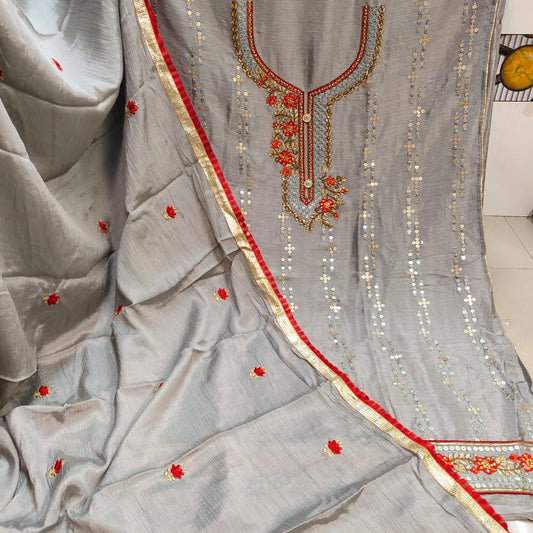 Exceptional Grey Color Festive Wear Cinnon Designer All Over Embroidered Neck Machine Diamond Work Daman Lace Fancy Dress Material for women