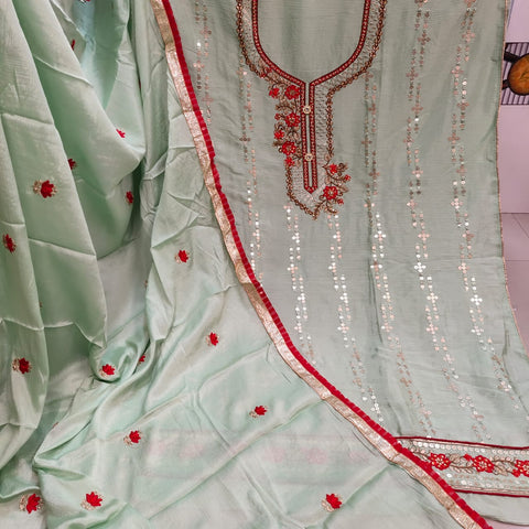 Fabulous Light Green Color Function Wear Cinnon Designer Machine Diamond All Over Neck Embroidered Work Daman Lace Salwar Suit for women