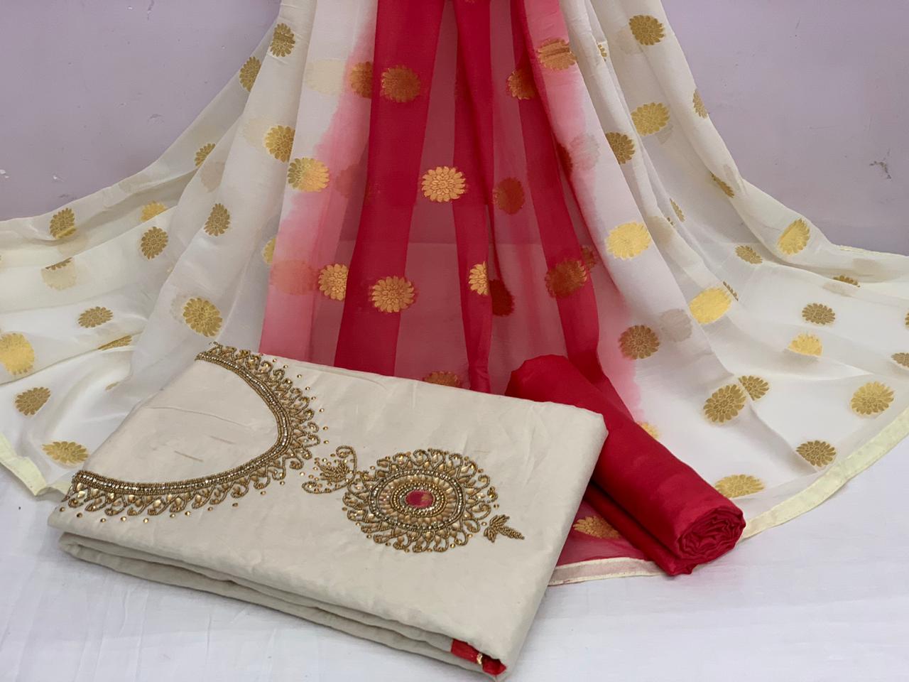 Dazzling Off White Color Fancy Khatli Hand Work Chanderi Cotton Salwar Suit For Function Wear