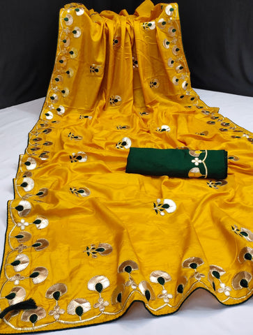 Engrossing Mustard Color Designer Georgette Dola Silk Fancy Gotta Patti Butta Work Saree Blouse For Ladies