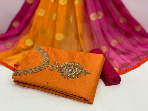 Sizzling Orange Color Designer Wedding Wear Cotton Chanderi Hand Khatli Work Salwar Suit for women