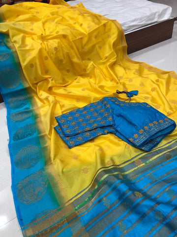 Demanding Yellow Color Designer Raw Silk Kanjivaram Butti Zari Thread Work Ready Made Blouse Designer Saree For Wedding Wear