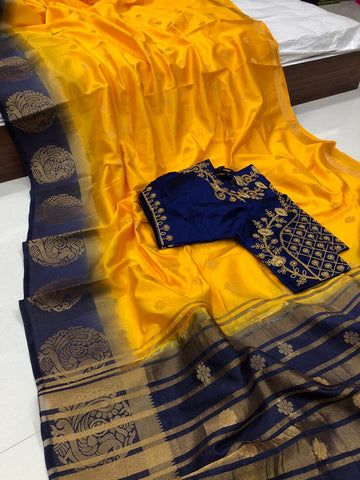 Captivation Mustard Color Multi Thread Kanjivaram Butti Work Ready Made Blouse Raw Silk Designer Saree For Party Wear