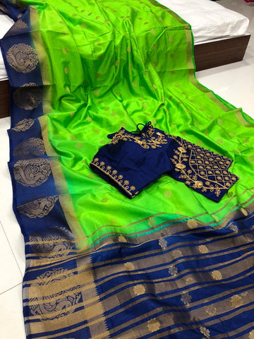 Good looking Green Color Fancy Mutli Thread Kanjivaram Butti Full Stitched Blouse Raw Silk Designer Saree For Function Wear