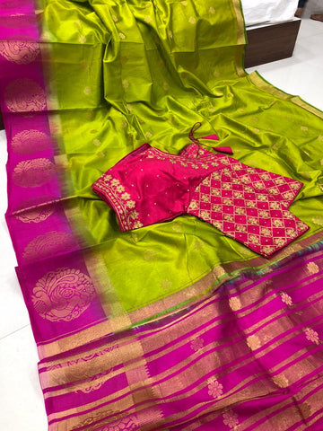 Stunning partywear Mehendi Green Color Raw Silk Kanjivaram Butti Multi Thread Work Ready Made Blouse Designer Saree for women