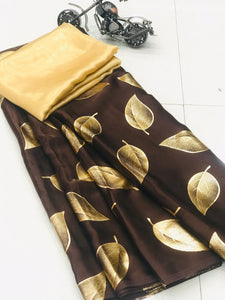 Party Brown Color Designer All Over Floral Printed Satin Silk Designer Saree Blouse For Wedding Wear