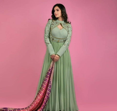 Wedding Wear Green Color Dazzling Taffeta Georgette Designer Thread Embroidered Work Ready Made Dupatta Gown