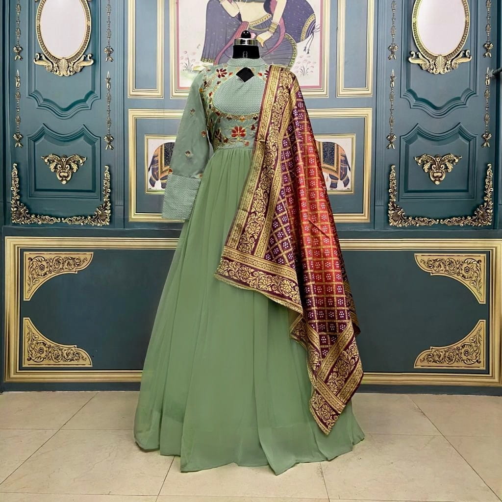 Wedding Wear Green Color Dazzling Taffeta Georgette Designer Thread Embroidered Work Ready Made Dupatta Gown