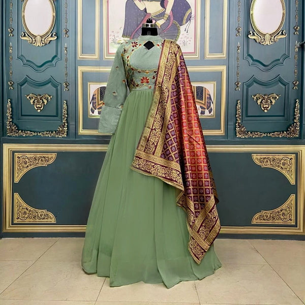 Wedding Wear Green Color Dazzling Taffeta Georgette Designer Thread Embroidered Work Ready Made Dupatta Gown