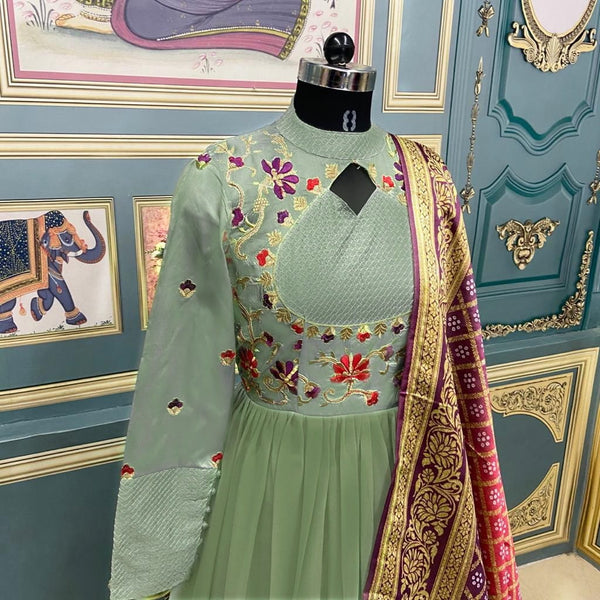 Wedding Wear Green Color Dazzling Taffeta Georgette Designer Thread Embroidered Work Ready Made Dupatta Gown