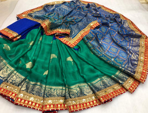 Flamboyant Dark Blue Color Wedding Wear Chiffon Bandhej Gotta Patti Work Designer Designer Saree Blouse for women
