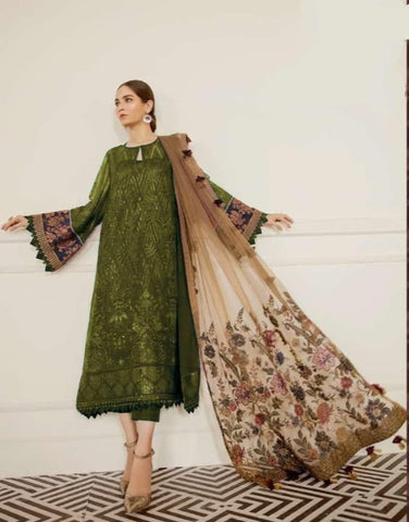 Flattering Mehendi Green Color Fancy Embroidered Work Georgette Salwar Suit For Women