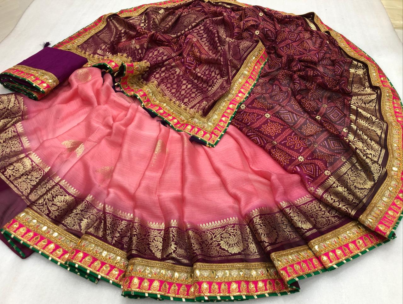Trendy Pink Color Beautiful Bandhani Gotta Patti Work Chiffon Designer Saree Blouse For Festive Wear