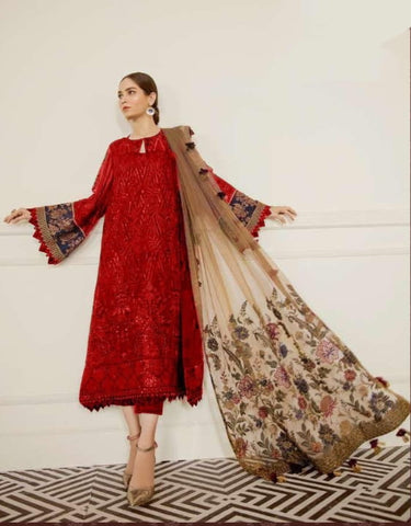 Outstanding Red Color Party Wear Georgette Traditional Wear Embroidered Work Design Salwar Kameez