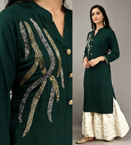 Sophisticated Dark Green Color Full Stitched Rayon Khatli Work Designer Plazo Kurti For Festive Wear