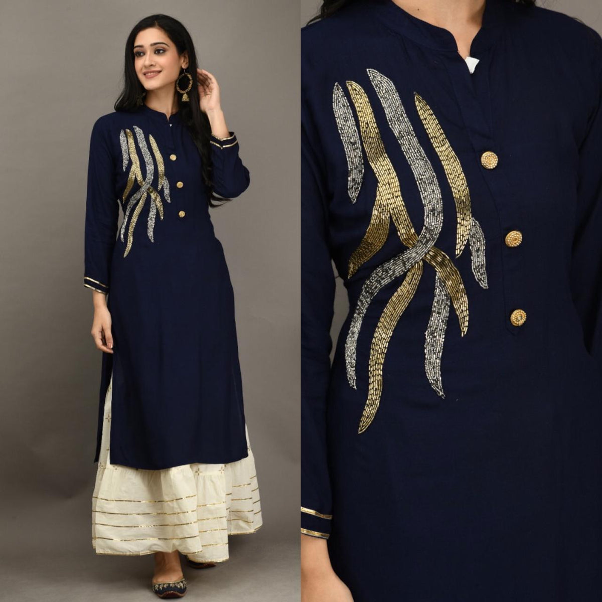 Stupendous Navy Blue Color Party Wear Rayon Fancy Khatli Work Ready Made Kurti Plazo for women
