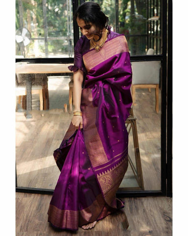 Exciting Wine Color Latest All Over Copper Zari Weaving Work Soft Lichi Silk Design Saree Blouse For Wedding Wear
