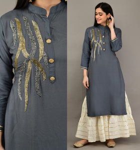 Astonishing Grey Color Beautiful Khatli Work Full Stitched Rayon Kurti Plazo Set For Function Wear