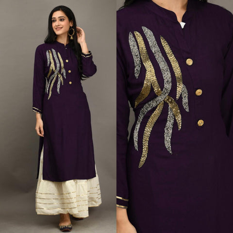 Staggering Violet Color Party Wear Fancy Rayon Designer Khatli Work Full Stitched Kurti Plazo Set for women