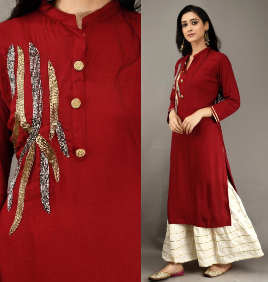 Incredible Red Color Ready Made Rayon Fancy Khatli Work Plazo Kurti For Festive Wear
