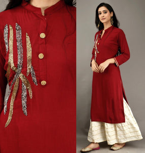 Incredible Red Color Ready Made Rayon Fancy Khatli Work Plazo Kurti For Festive Wear