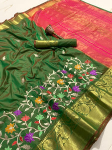 Smashing Green Color Party Wear Woven Pallu Embroidered Zari Flower Work Banarasi Silk Saree Blouse