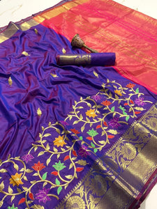 Perplexing Violet Color Bridal Wear Flower Zari Embroidered Woven Pallu Border Saree Blouse For Women